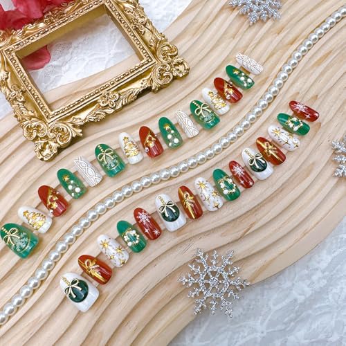 Christmas Press on Nails Medium Almond Fake Nails 3D Holiday Designs