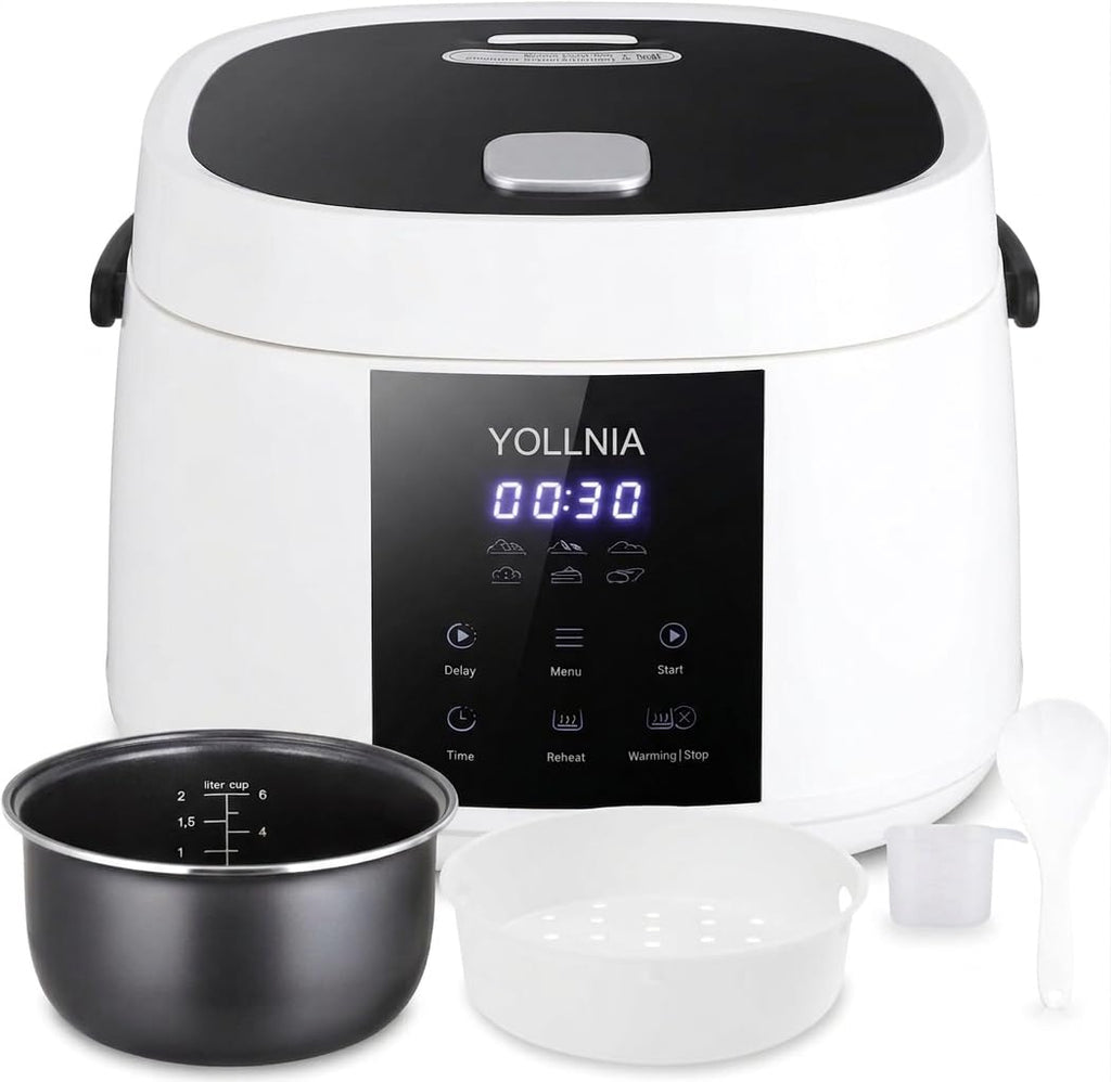 Yollnia 3L Rice Cooker 12 cups (Cooked), Mini Digital Rice Cooker,6 in 1 Multicooker for Grain, Preset and Reheat Options, 12-Hr Delay Timer, Auto Keep Warm, Non-Stick Inner Pot with Steaming Basket