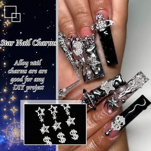 YAEISM 12PCS 3D Star & Dollar Sign Silver Crystal Nail Charms