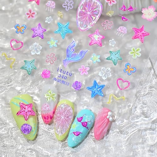 5D Embossed Summer Beach Nail Stickers Ocean Flower Starfish Decals