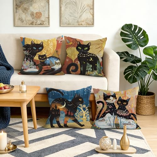 Set of 4 Boho Black Cat Throw Pillow Covers - 18x18