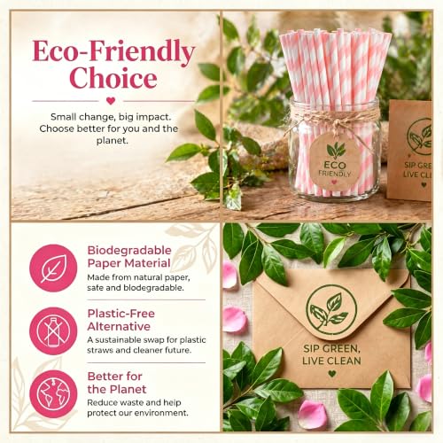 Haundry Pink Striped Paper Straws - 100 Count Biodegradable Party Straws