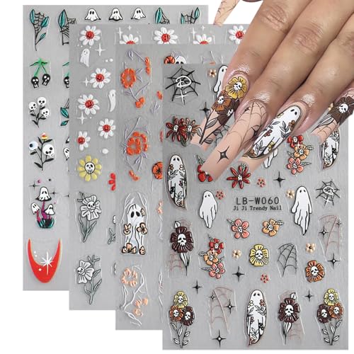 Halloween 5D Self-Adhesive Nail Art Stickers - Cute Ghost & Spider Web Decals