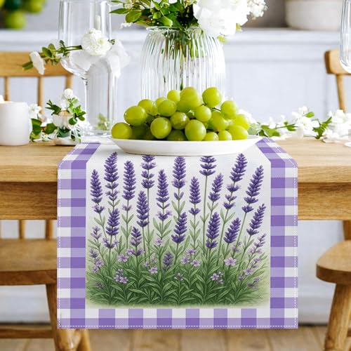 HOMETITUTE Lavender Table Runner 13x72 Inch Floral Burlap Farmhouse Decor