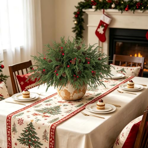 Christmas Norfolk Pine Stems with Pinecones and Red Berries - Dark Green, 12 Pack