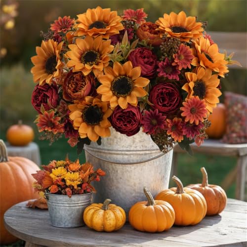 Fall Artificial Sunflower Peony Bouquet Set - 2 Pcs for Autumn Decor