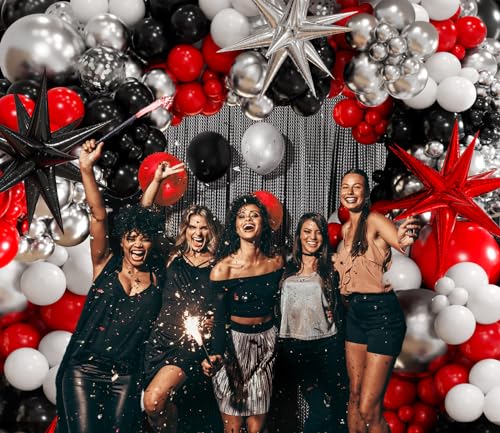Red and Black Balloon Arch Kit with Silver & White Balloons for Parties