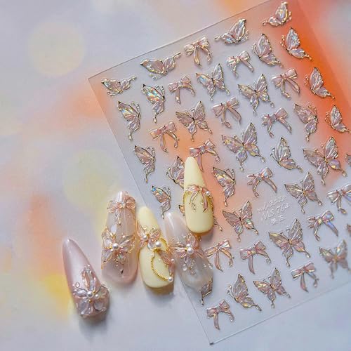 5D Embossed Butterfly Nail Stickers Self-Adhesive Aurora Pink Bow Nail Decals