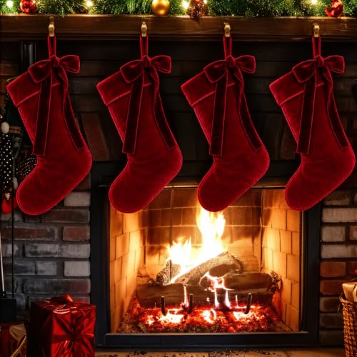 Christmas Velvet Stockings Set - 18 Inch Burgundy Red Holiday Decorations