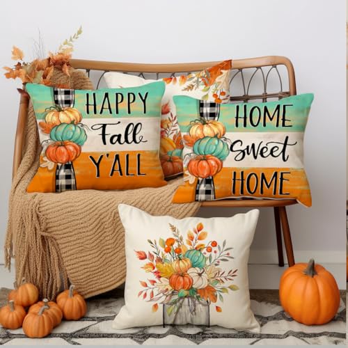 RABUSOFA 20x20 Inch Teal Pillow Covers Set of 4 - Fall Pumpkin & Leaves