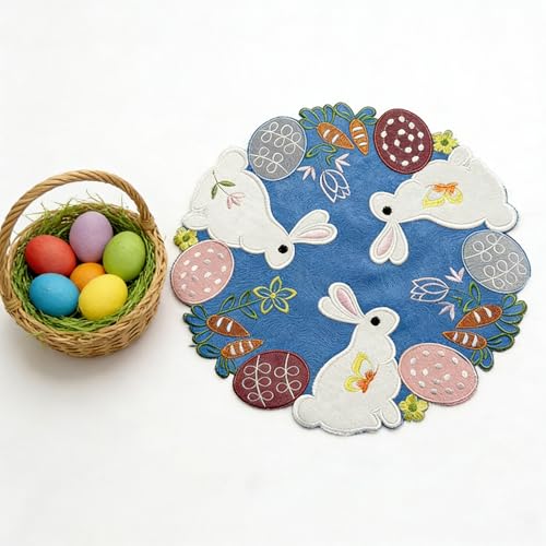 OVOY Easter Placemats Set of 2 - 13.77 Inch Round Embroidered Bunny Table Mats