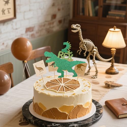 Dinosaur 2nd Birthday Cake Topper - Green Glitter T-Rex Decoration