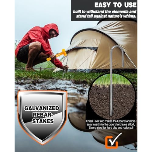 12 Inch Rebar Stakes, 8 Pack Ground Stakes J Hook Tent Stakes Heavy Duty Galvanized Anti-Rust for Camping, Garden Decorations, Drip Tubing, Artificial Turf