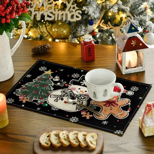 Black Snowman Tree Gingerbread Christmas Placemats Set of 4 - 12x18 Inch Seasonal Table Decor