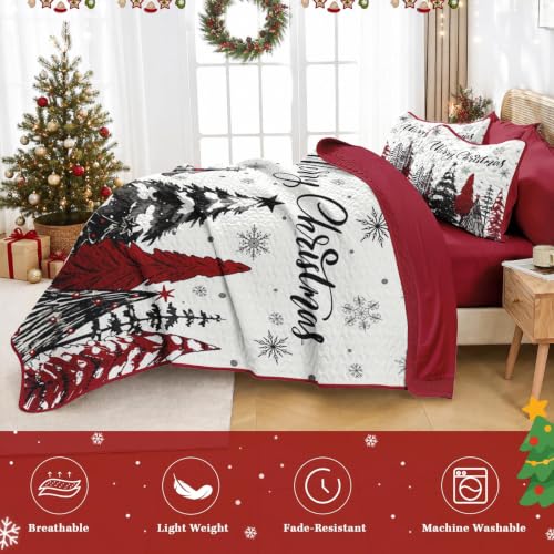 Queen Christmas Quilt Set with Tree Plaid Pattern - 7 Pieces Winter Bedding - Variation: Christmas Trees 1
