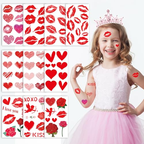 Konsait Valentine's Day Temporary Tattoos, 10 Sheets Heart Rose Fake Tattoos
