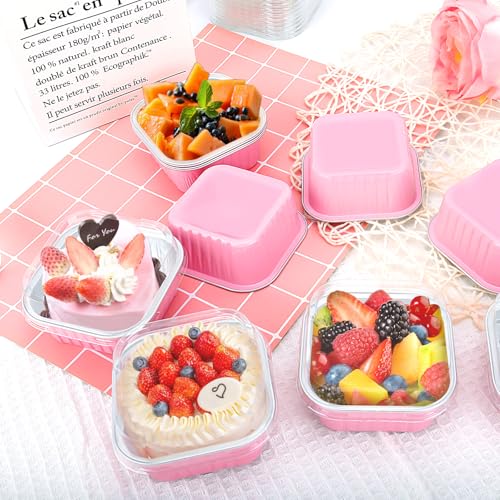 Pink Mini Cake Pans with Lids 30 Pack - 5oz Aluminum Dessert Containers