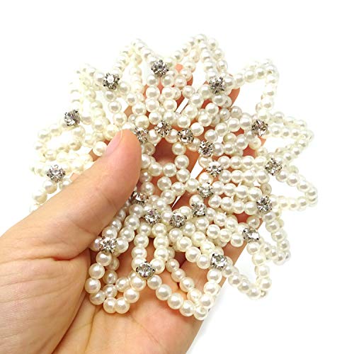 Honbay Pearl Rhinestone Hair Bun Cover Elastic Crochet Net - White