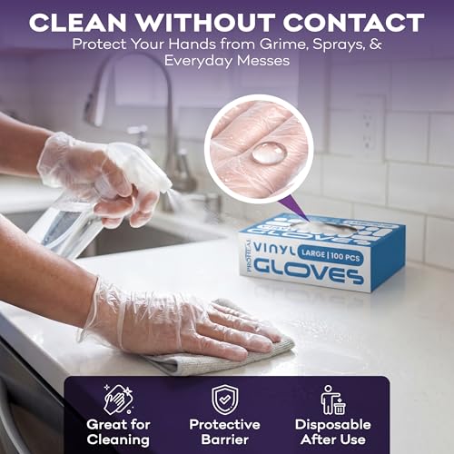 ProHeal Large Clear Vinyl Disposable Gloves - Powder & Latex-Free Kitchen Gloves (100 Count)