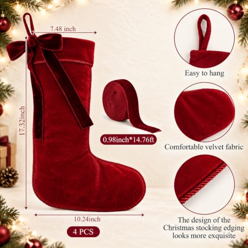 Christmas Velvet Stockings Set - 18 Inch Burgundy Red Holiday Decorations
