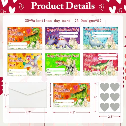 Dinosaur Valentine Cards for Kids - 30 Scratch Off Cards with Envelopes