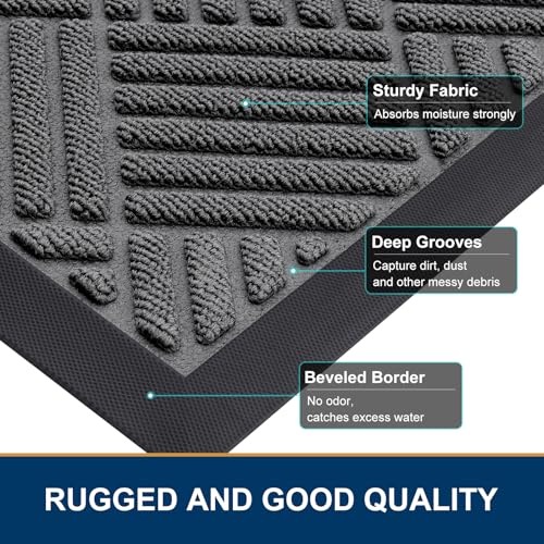 Smiry Grey Natural Rubber Front Door Mat 29.5x17 Inch - Non-Slip