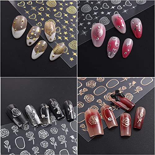 YKZFUI 6 Sheets Gold Nail Art Stickers 3D Self-Adhesive Metallic Rose Flower Star Heart Decals for Manicure