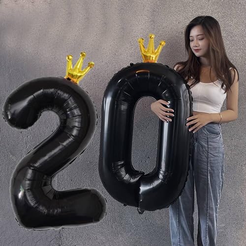 40 Inch Black Number 20 Crown Balloon Set for 20th Birthday