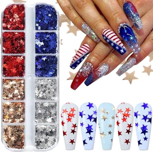 MIXFOSAHN 4th of July 3D Holographic Star Nail Art Sequins & Glitters, 12 Grids