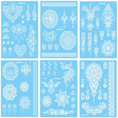 Briyhose White Henna Temporary Tattoo Kit - 6 Sheets Mandala Flower Fake Tattoos for Women