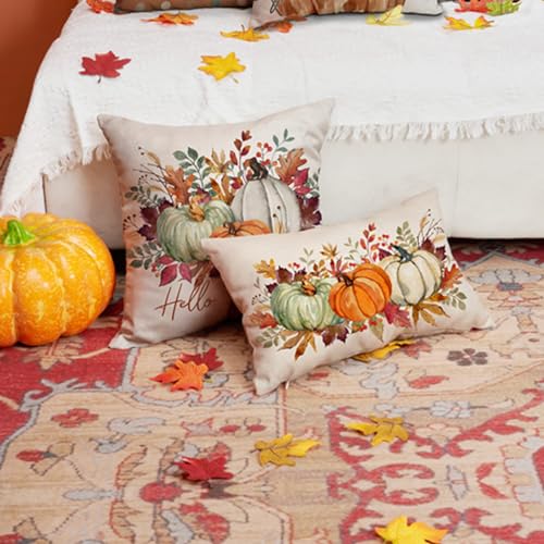 DFXSZ 12x20 Inch Fall Pumpkin & Maple Leaf Lumbar Pillow Cover - Orange, Green, White, Polyester, Thanksgiving Home Decor Pack of 1