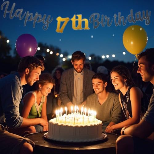 Happy 17th Birthday Banner - Pre-Strung Black and Gold Party Decoration