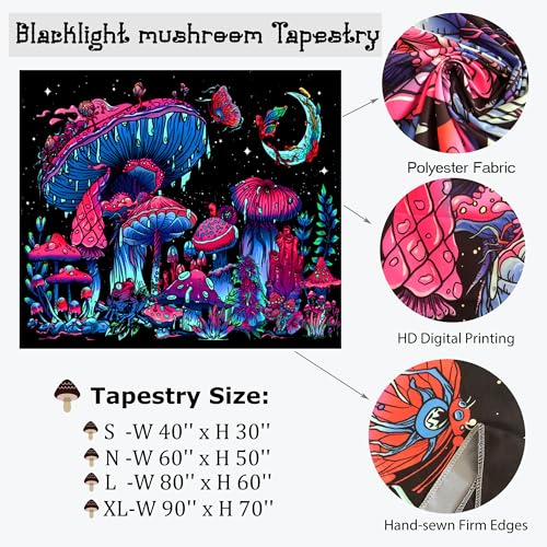TUGCAY 30x40 Blacklight Mushroom Tapestry UV Reactive Wall Hanging for Bedroom Dorm Decor