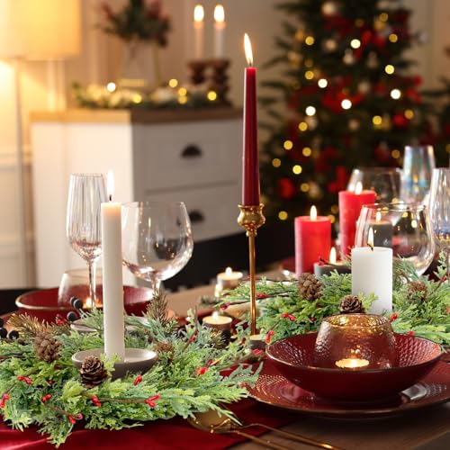 Cedar Artificial Christmas Candle Rings Set of 12 - 9 Inch Wreaths with Berries Pinecones