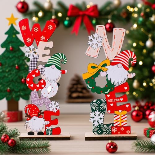 Wooden Christmas Gnome Centerpiece Signs - 2 Pack Table Decor