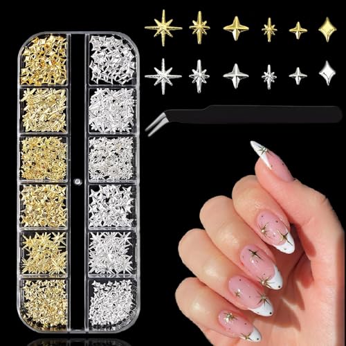 Star Nail Art Charms 3D Gold and Silver Metallic Studs with Tweezers
