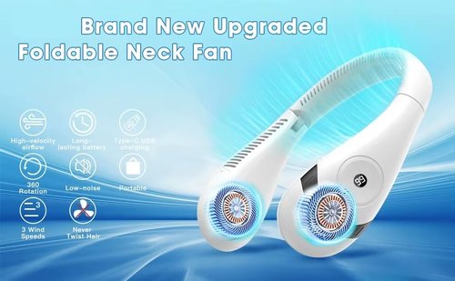 GLACIAIRE Foldable Neck Fan Rechargeable - 5000mAh Quiet Portable Bladeless Personal Air Conditioner - LED Display, 3 Speeds, USB-C Hands-Free Cooling Breeze for Women, Men, Kids - White