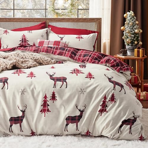 Bedsure Reversible Christmas Duvet Cover Set King Reindeer Plaid Holiday Bedding