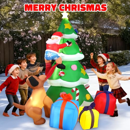 8ft Christmas Inflatable Tree with Santa, Dog & Gift Boxes - Outdoor Yard Decor