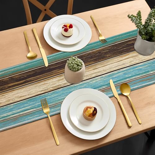 Farmhouse Blue Teal Table Runner 13 x 90 Inches Waterproof Linen for Thanksgiving