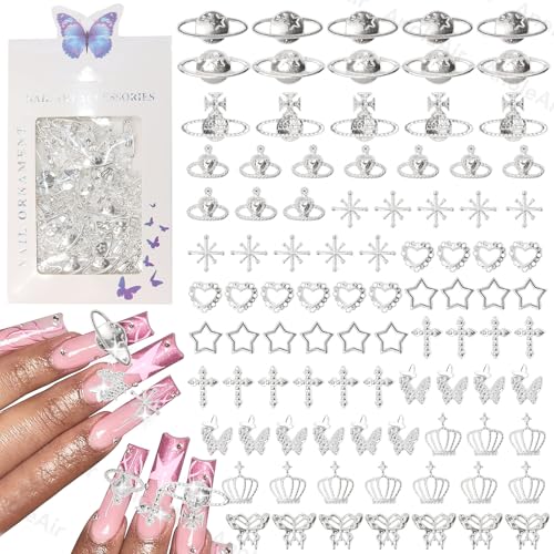 110 Pcs Silver Nail Art Charms Set - Cross, Star & Butterfly Designs