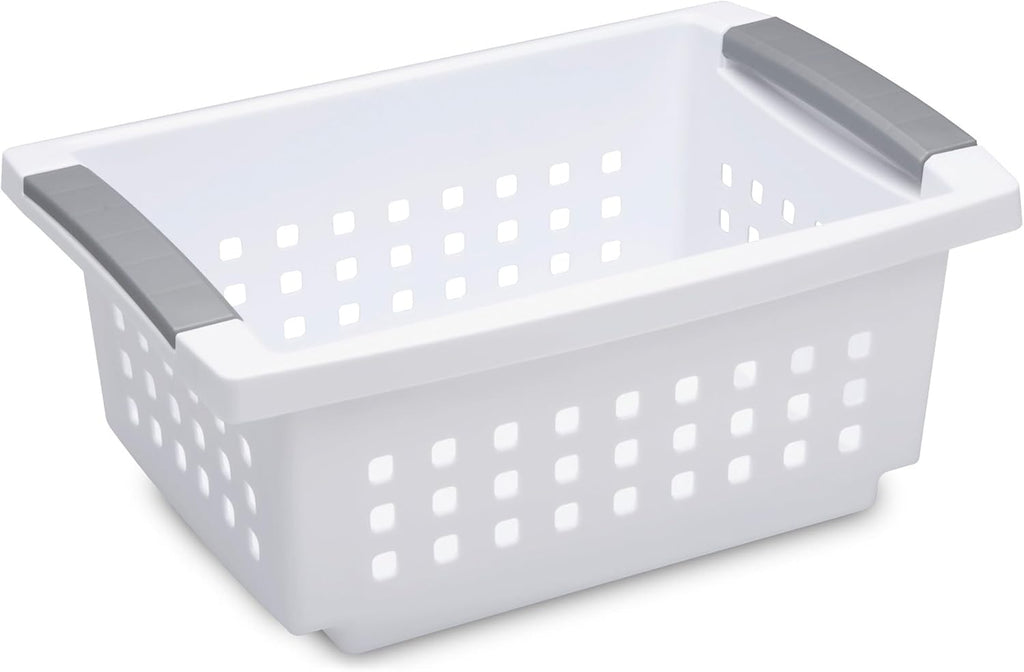 Sterilite Small Plastic Storage Baskets - Stacking Design with Comfort Grip Handles | 8 Pack, White