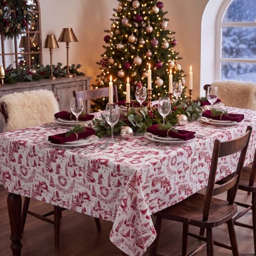 Christmas Toile Tablecloth 60x84 Inch Burgundy Vintage French Pattern