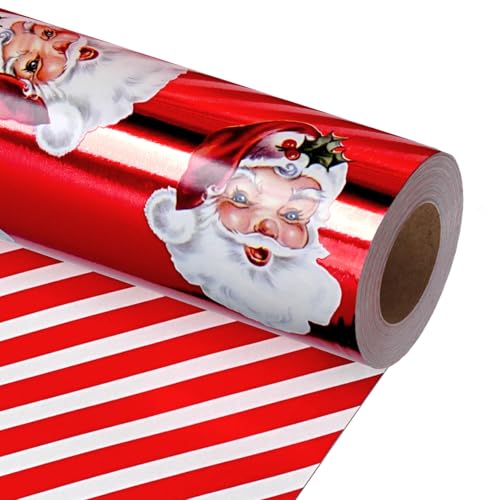 Christmas Wrapping Paper - Santa & Candy Cane Foil Design, 17 x 33 Feet - Classic Santa Variation