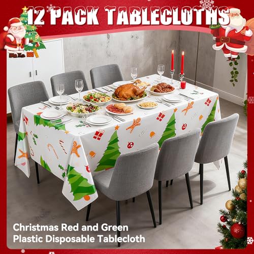 VAIPI 12 Pcs Christmas Plastic Tablecloths - Colorful Snowflakes, Tree & Snowman Designs, Rectangular Holiday Party Cover, Various