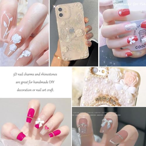 Euddty 3D Nail Art Charms and Rhinestones Set - 600 Pcs Flatback Resin Bowknots Flowers Butterflies Pearls for DIY Crafts