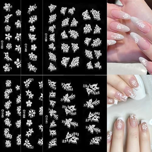 Umillars 30 Sheets White Flower Nail Stickers 3D Self-Adhesive Floral Decals