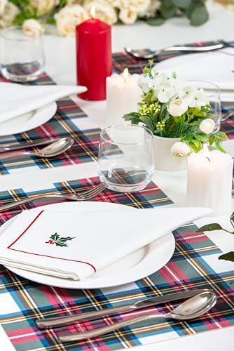Christmas Holiday Cotton Cloth Napkins Set of 4 - Red & Green Holly Embroidered 20x20 Inches
