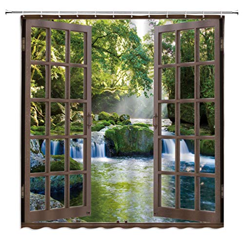 ABONAN 3D Waterfall Rainforest Shower Curtain, Green & Brown, 70 x 70 Inch