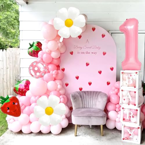 Corabsar Strawberry Balloons Set for First Birthday Party – 7 pcs, Pink & Red Berry Theme, Reusable Foil Decor, Variation 1